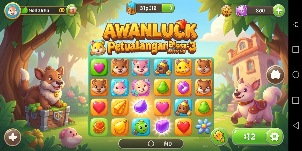 Screen utama AWANLUCK menampilkan gameplay Match-3 yang menarik dan penuh warna.