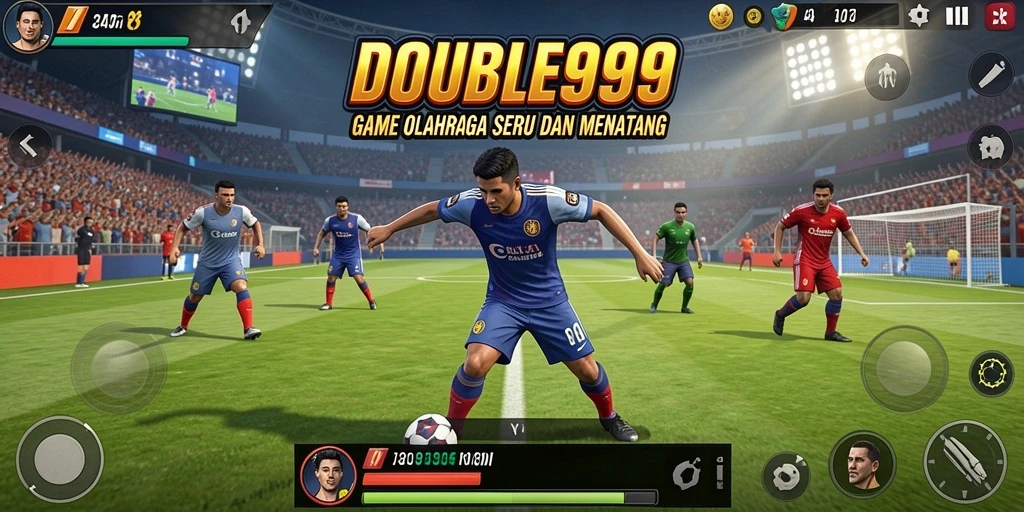 Screenshot utama DOUBLE999 menampilkan aksi seru di lapangan olahraga.