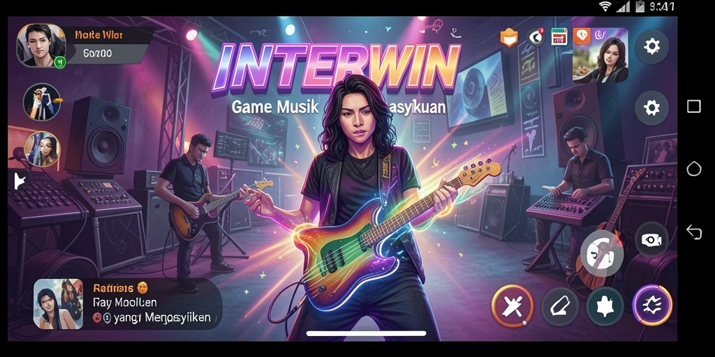 Tampilan gameplay INTERWIN menampilkan berbagai genre musik dan momen seru saat bermain.