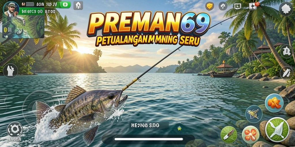 Screenshot gameplay PREMAN69 yang menggambarkan momen menangkap ikan.