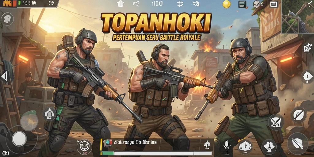 Screenshot gameplay <strong>TOPANHOKI</strong> menunjukkan aksi seru di medan perang Battle Royale.