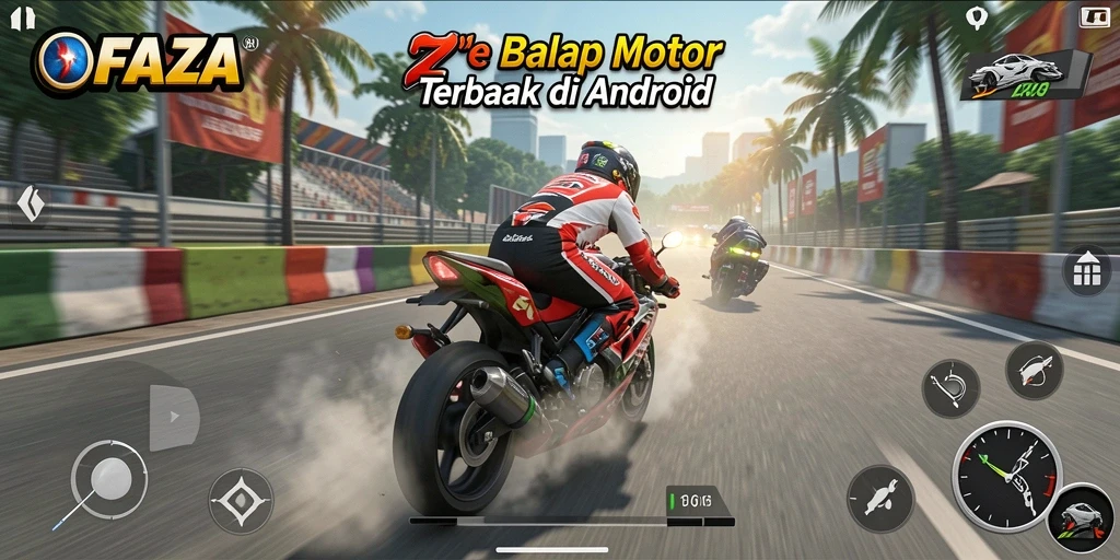Screenshot gameplay ZOFAZA menampilkan balapan motor yang mendebarkan.